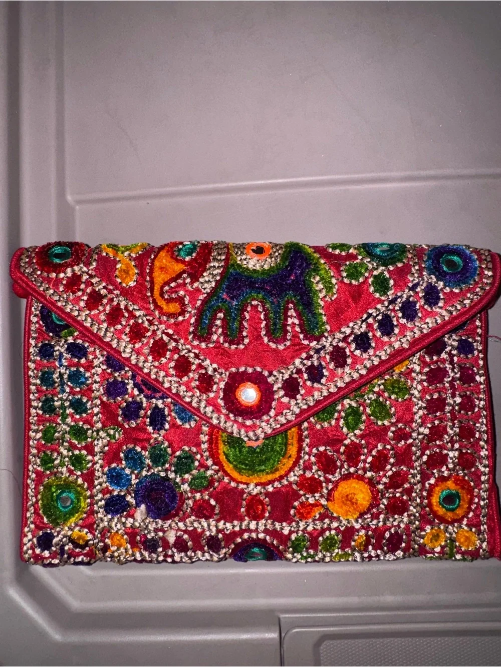 Ethnic Indian Wear Pink Embroidered Mirrorwork Clutch with Beaded Strap